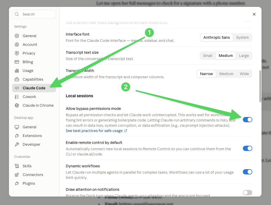 Claude desktop settings showing Claude Code and Allow bypass permissions mode enabled