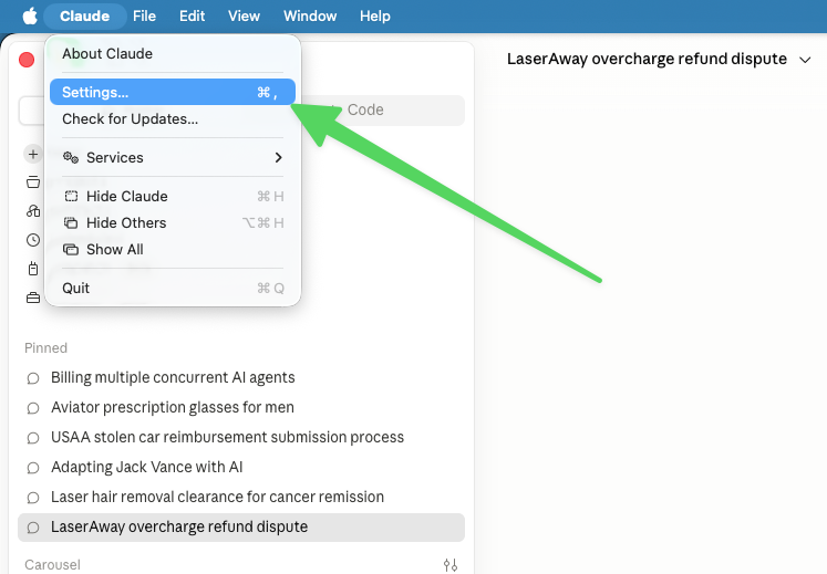 Claude desktop application menu showing Settings selected