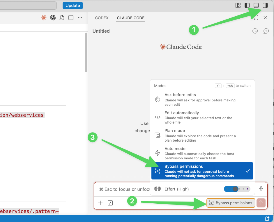 Claude Code panel mode selector showing Bypass permissions selected