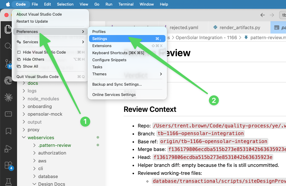 Visual Studio Code menu path showing Code, Preferences, Settings