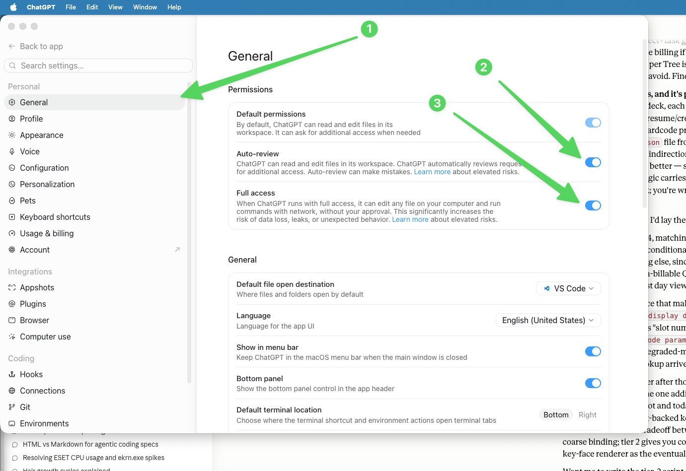 ChatGPT desktop General settings showing Default permissions Auto-review and Full access toggles enabled