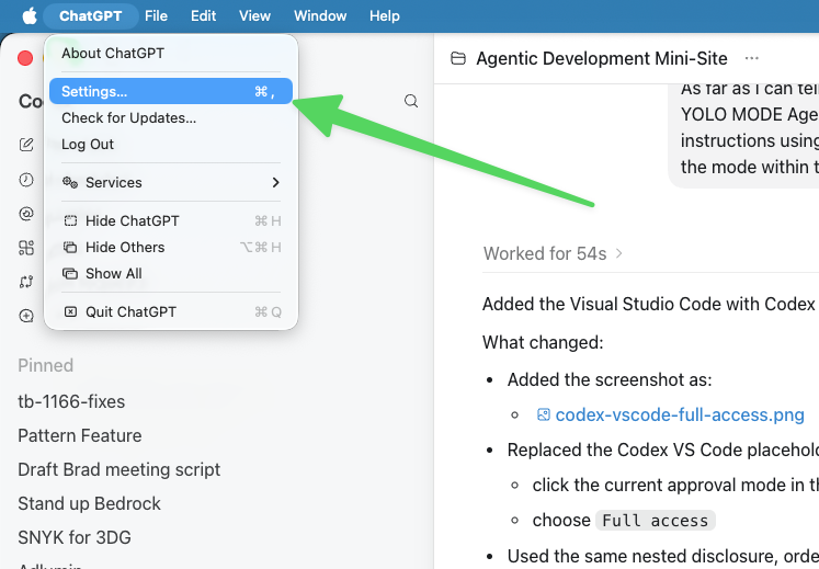 ChatGPT desktop application menu showing Settings selected