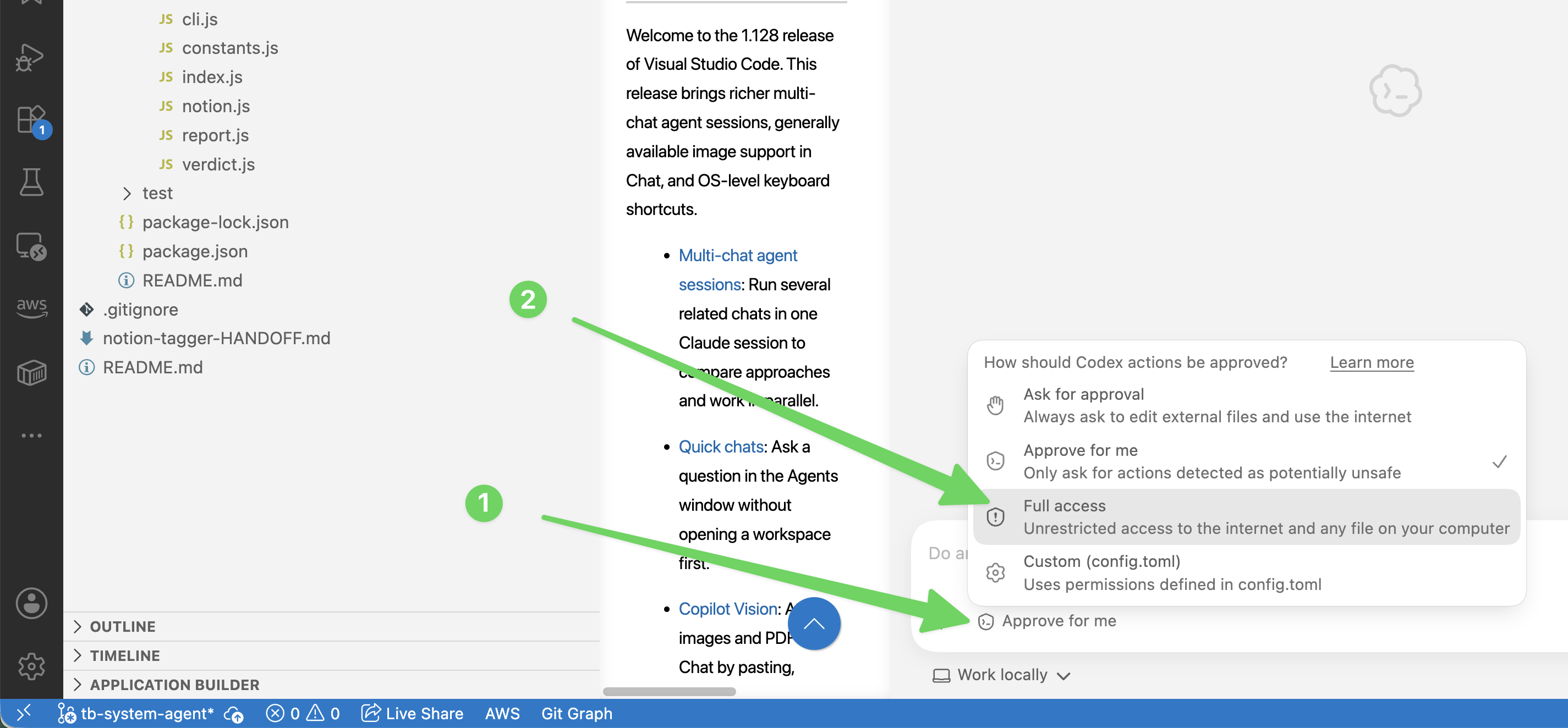 Visual Studio Code Codex chat approval menu showing Full access