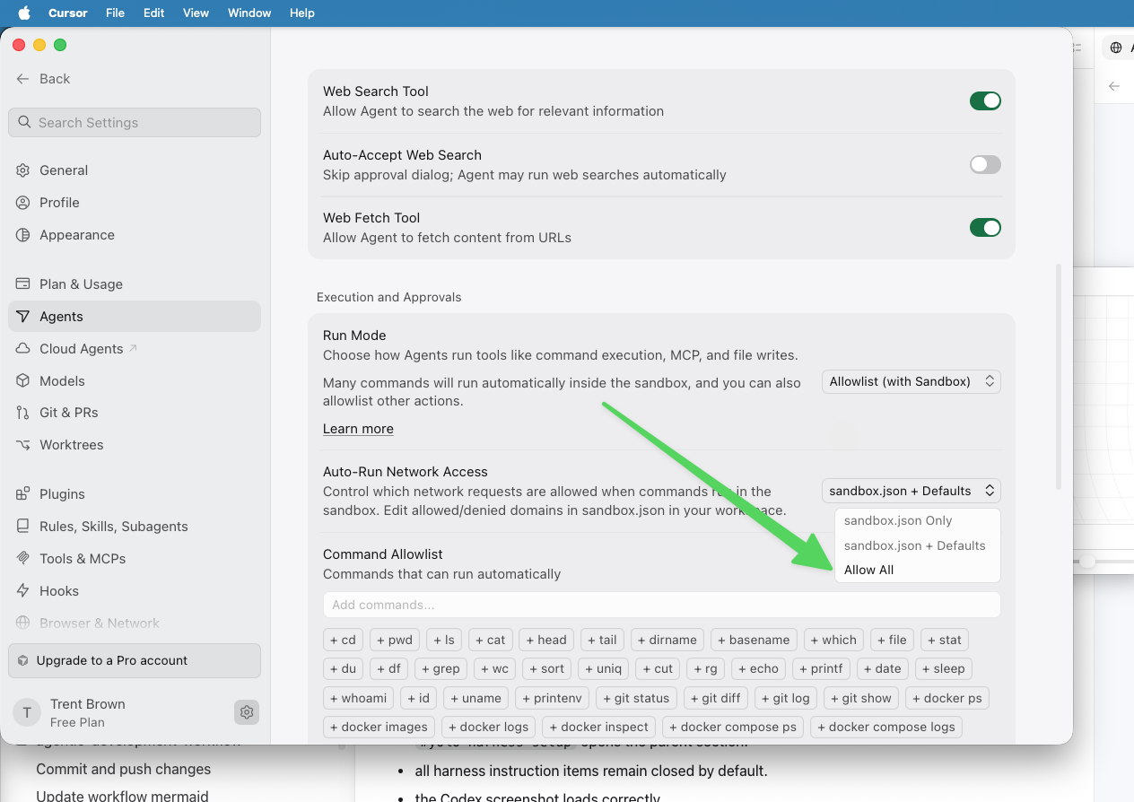 Cursor Agents settings showing Auto-Run Network Access menu with Allow All