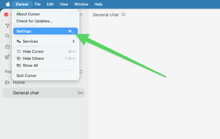 Cursor application menu showing Settings selected