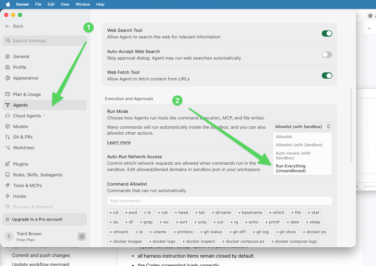 Cursor Agents settings showing Run Mode menu with Run Everything Unsandboxed